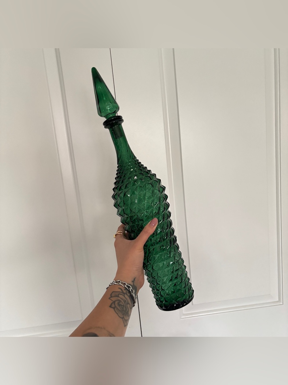 Vintage Mid Century Empoli Style Green Glass Diamond Cut Genie Bottle Decanter